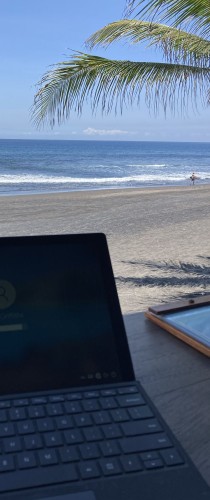 Laptop with ocean view and palm fronds overhead, showcasing work from sandy beach.