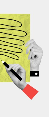 Hands writing with pen overlaid with yellow geometric shape and black squiggles