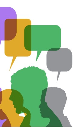 Colourful speech bubbles overlapping silhouettes in conversation