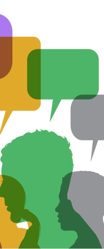 Colourful speech bubbles overlapping silhouettes in conversation