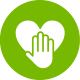 Green circular logo featuring a white heart with a hand symbol inside representing honesty and reflection. 