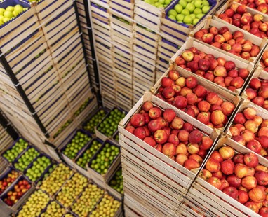 Wooden crates filled with vibrant red apples and green fruit stacked in distribution facility, showcasing fresh produce ready for market. 