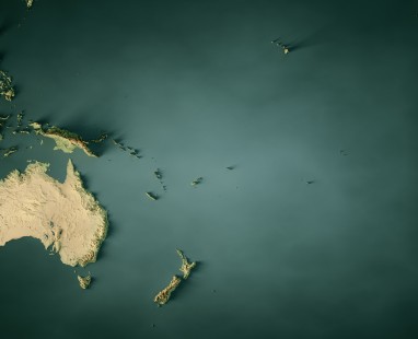 Map outline of Australia and New Zealand in dark green