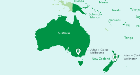 Map highlighting Allen + Clarke offices in Melbourne and Wellington