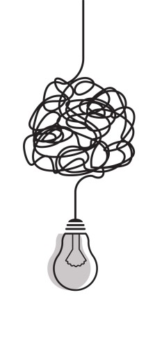  Tangled line drawing forming brain shape above hanging lightbulb