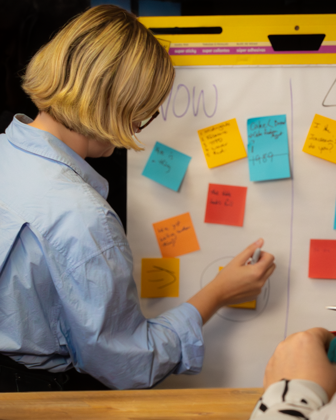 Person with blonde hair placing sticky notes on whiteboard during planning session