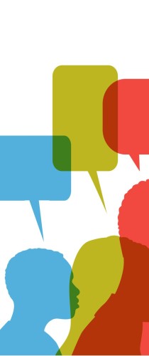 Colourful speech bubbles overlapping silhouettes in conversation